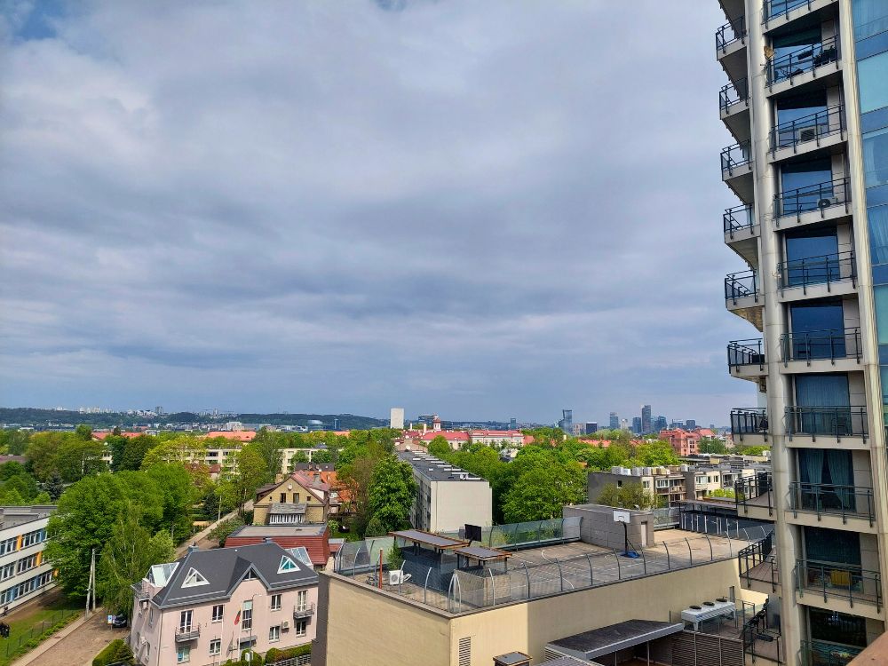 A wide view over Naujamiestis in Vilnius from a terrace with apartment buildings, rooftops, trees, and the city skyline under a cloudy sky.