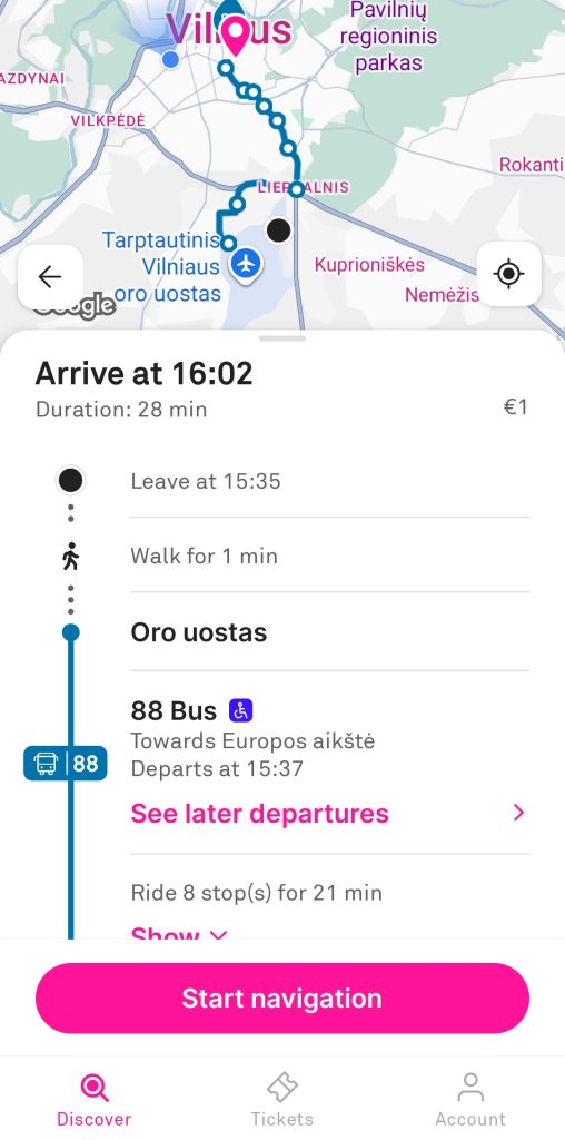The Trafi app shows a Vilnius public transport route with a map at the top and details below. The screen reads "Arrive at 16.02", "Duration: 28 min", "Leave at 15.35", "Walk for 1 min", "Oro uostas", "88 Bus", "Towards Europos aikštė", "Departs at 15.37", "Ride 8 stops for 21 min" and "Start navigation".