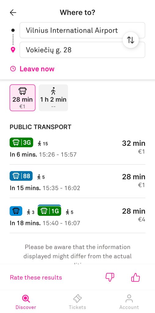 The Trafi app shows a route search from "Vilnius International Airport" to "Vokiečių g. 28" with public transport options. The results include bus 3G for 32 minutes, bus 88 for 28 minutes and a combined bus and 1G route for 28 minutes.