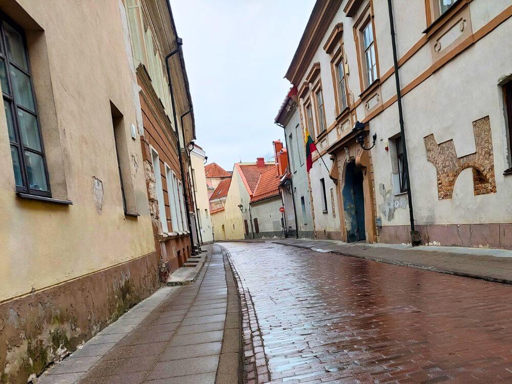 Wet cobblestones on Bernardinų Street in Vilnius Old Town with historic buildings, red rooftops, and a Lithuanian flag.
